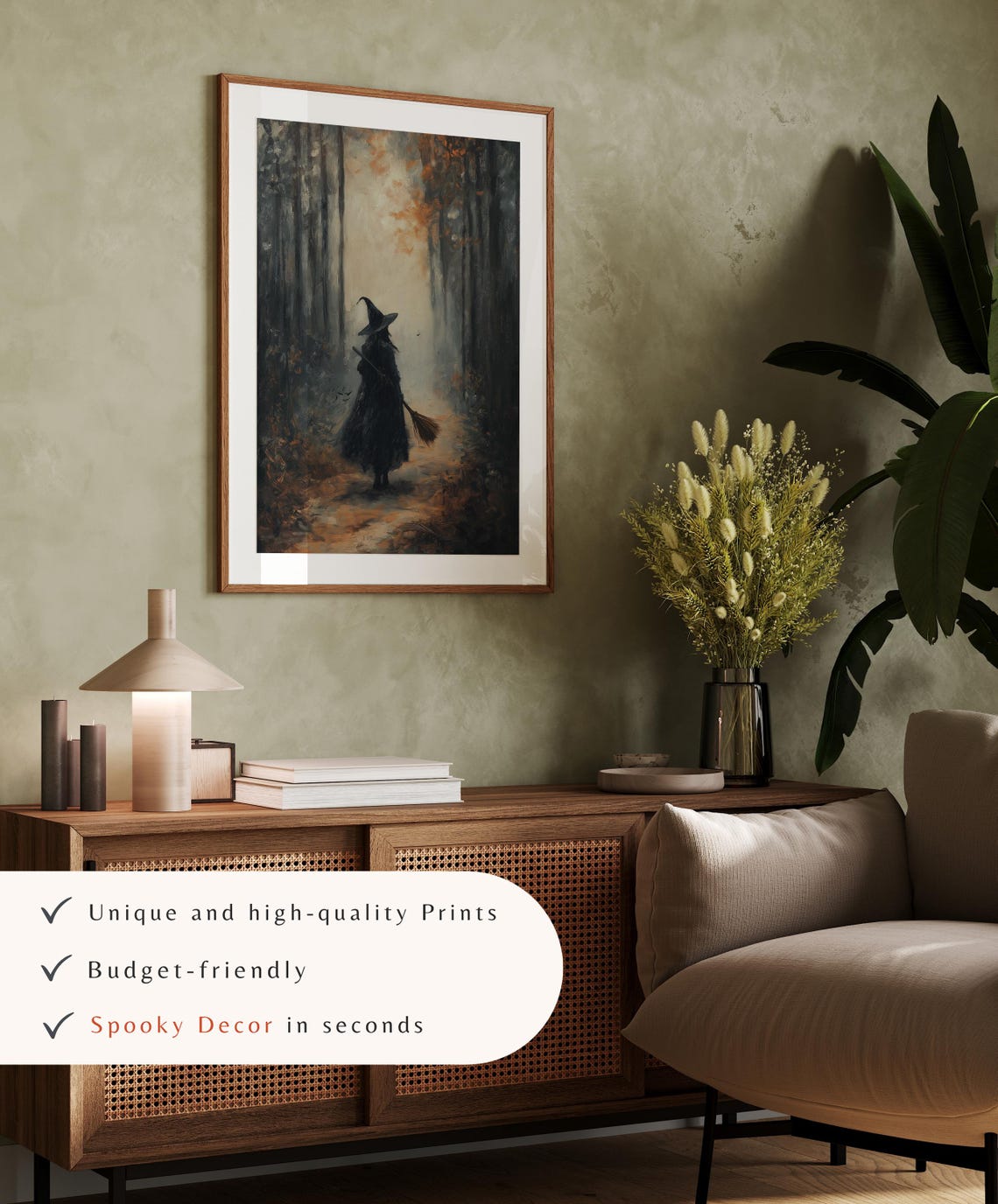 Dark Witch With Broom In Misty Autumn Forest Vintage Halloween Poster - Image 4