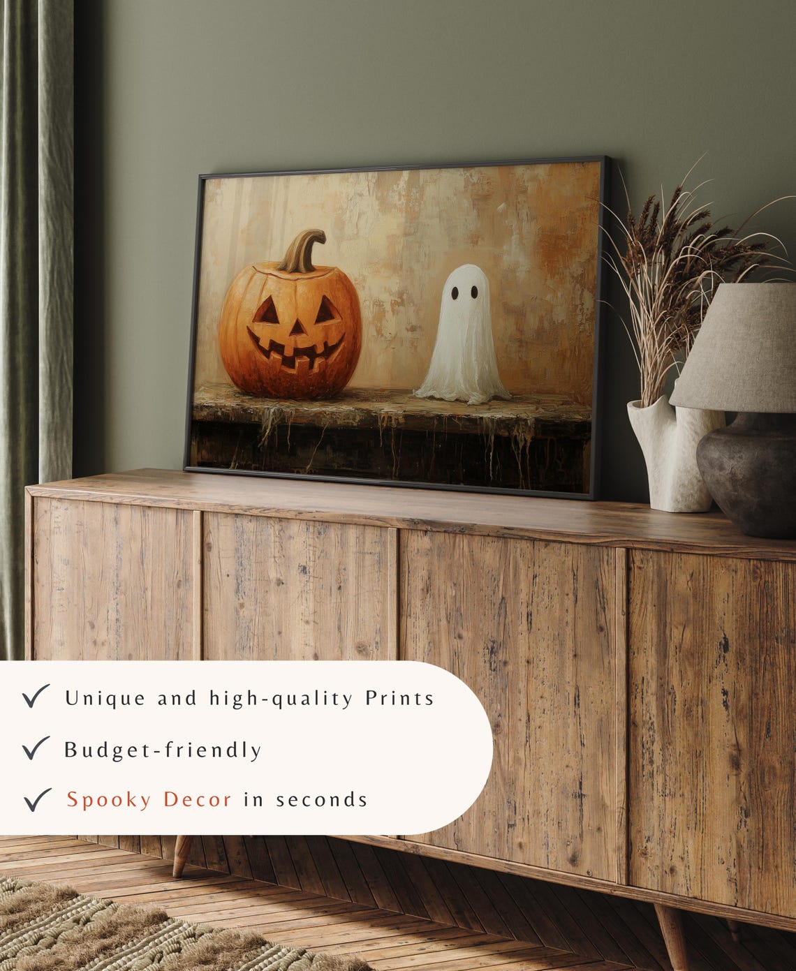 Halloween Pumpkin And Ghost Wall Art Spooky Cute Halloween Decor Rustic Halloween Art Print Fall Pumpkin Art Instant - Image 4