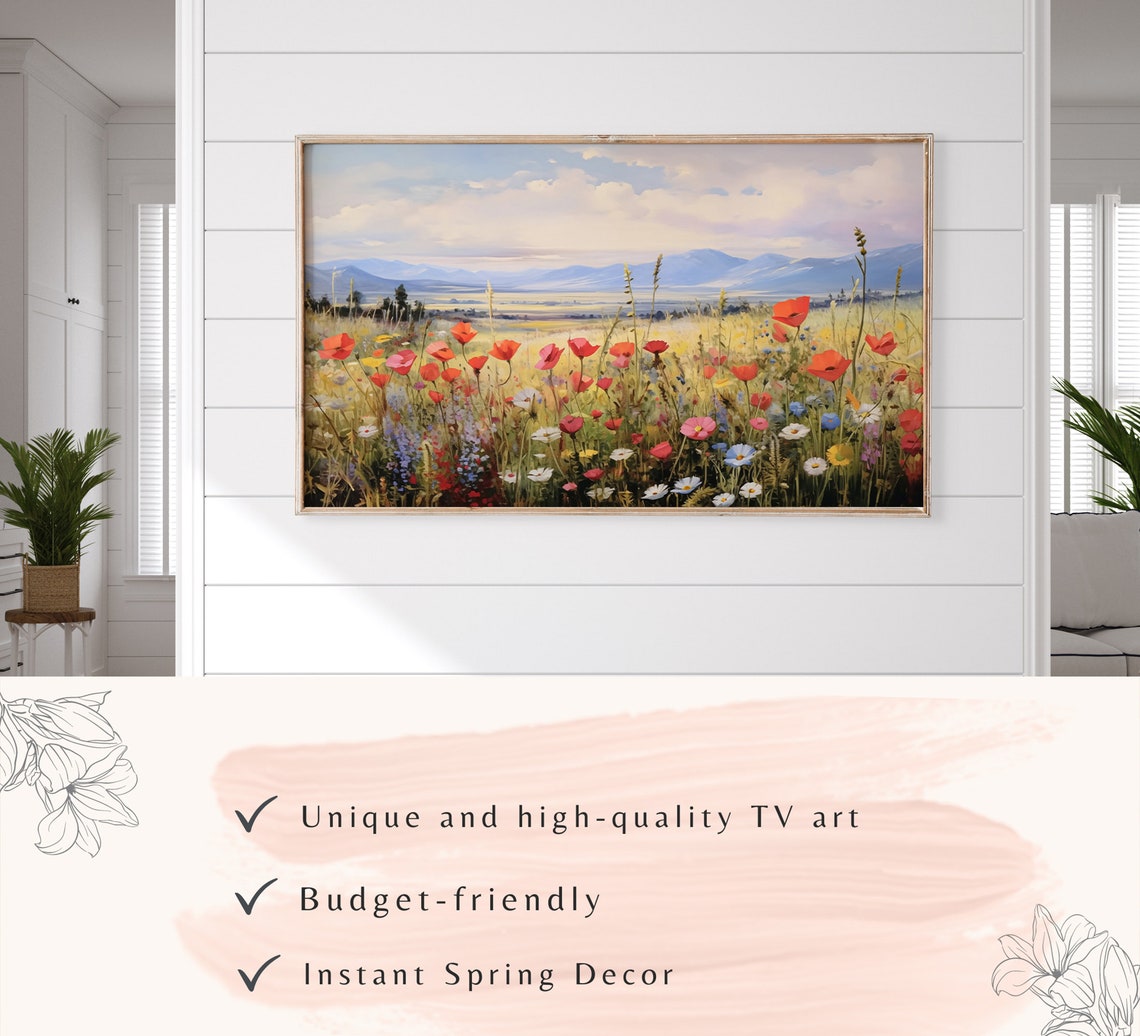 Red Poppy Wildflower Meadow Mountain Landscape Oil Painting Poster - Image 3