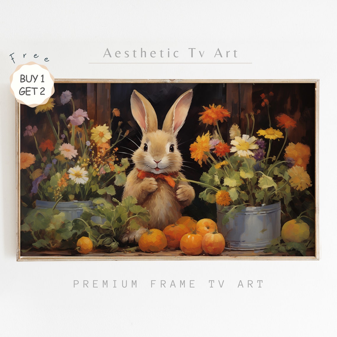Easter Frame Tv Art Cute Easter Rabbit Oil Painting Spring Wildflowers Frame Tv Easter Farmhouse Decor
