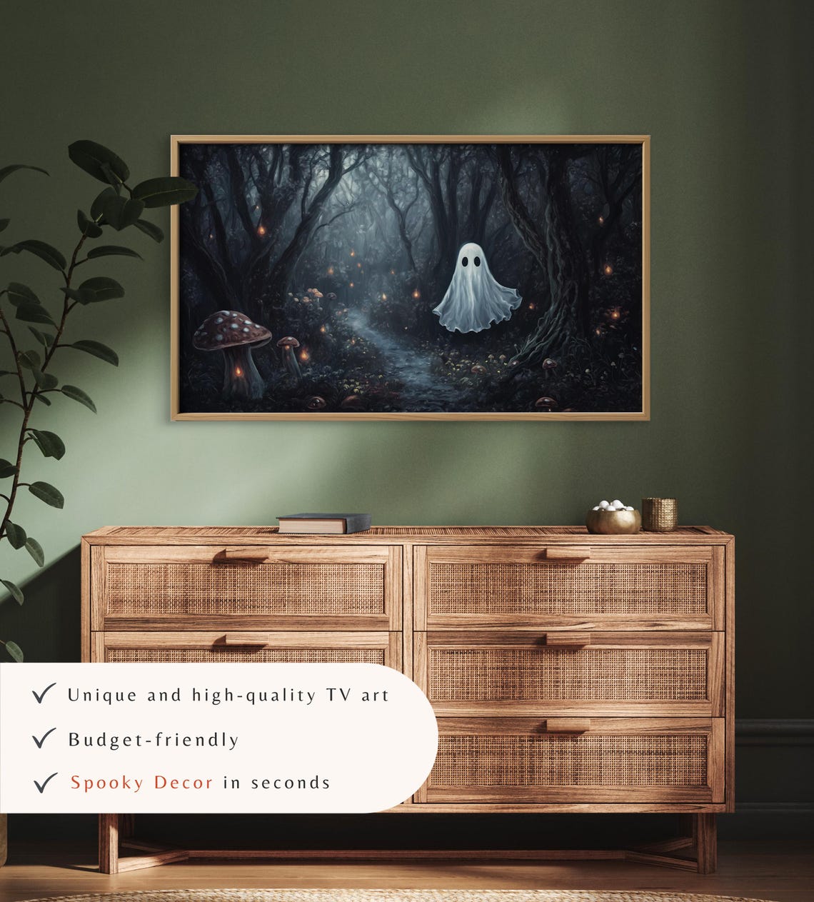 Ghost in Dark Mushroom Forest Enchanted Woods Halloween TV Art - Image 3
