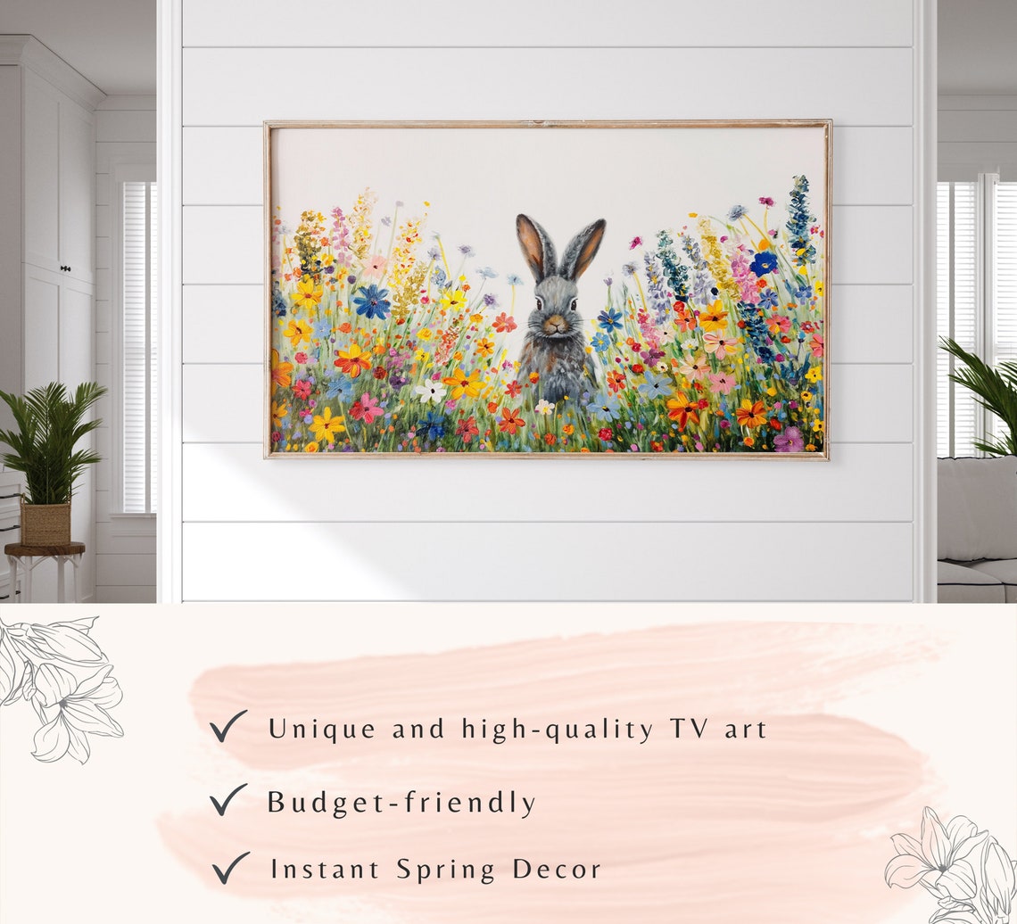 Grey Bunny Colorful Wildflower Meadow Spring Garden Art Poster - Image 3