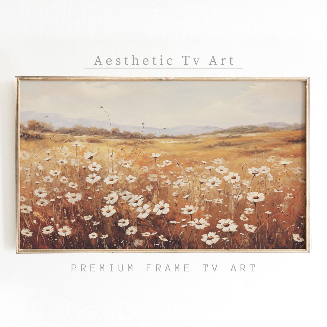 White Daisy Meadow Golden Hour Rolling Hills Landscape Poster