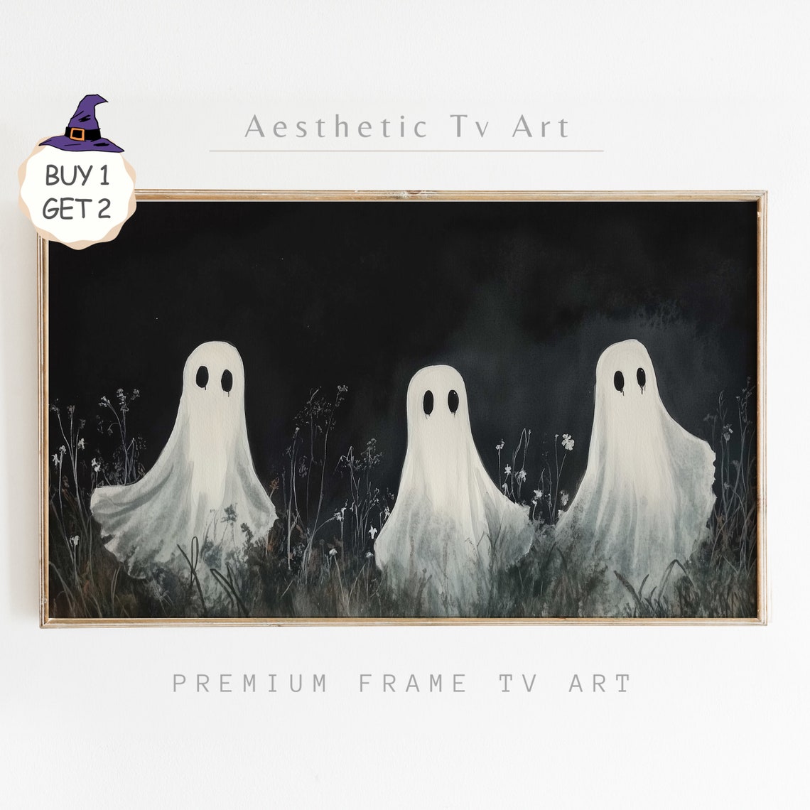 Three Ghosts in Night Wildflower Field Dark Spooky Halloween TV Art