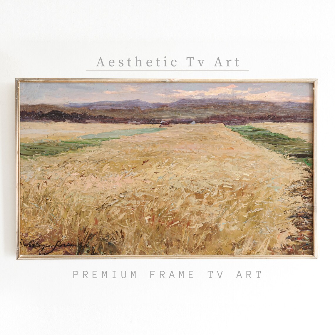 Golden Wheat Field Harvest River Mountains Vintage Oil Poster