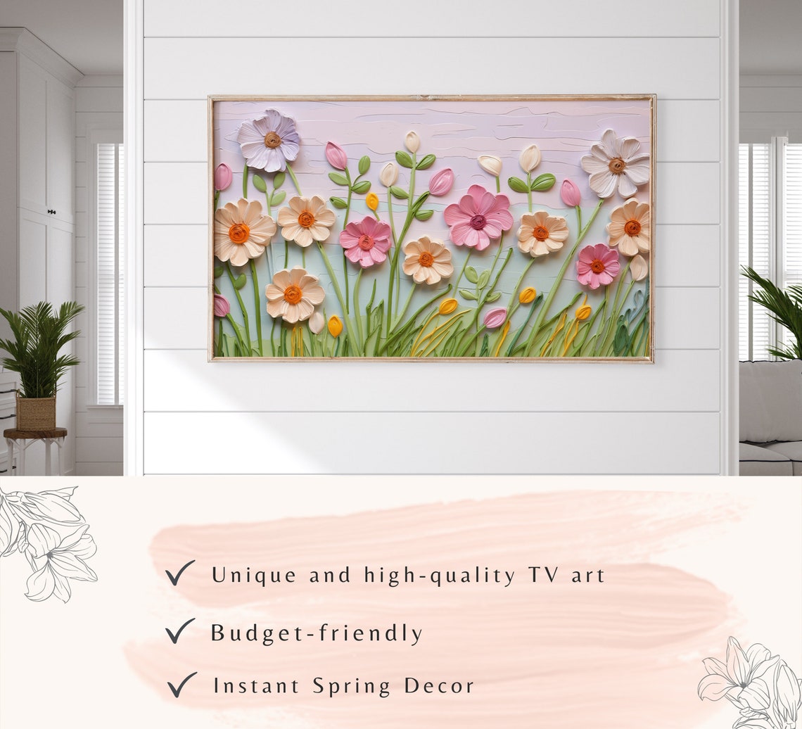 Frame Tv Art Colorful Wildflowers Field Country Textured Oil Painting Aesthetic Tv Art Spring Farmhouse Decor - Image 3