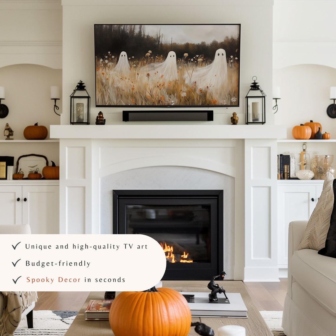 Halloween Frame Tv Art Fall Wildflower Field Cute Ghost Painting Vintage Fall Landscape Halloween Frame Tv Art - Image 3