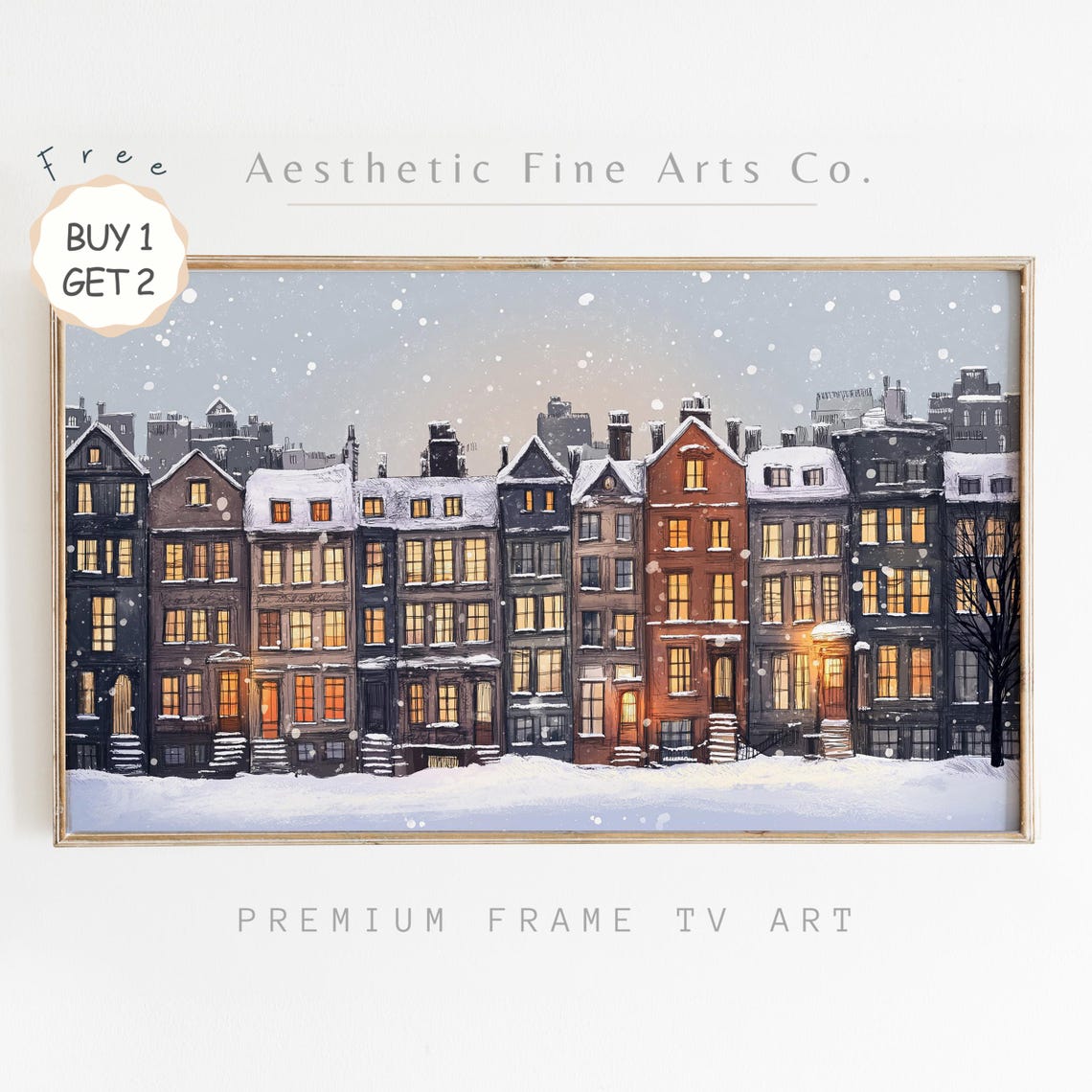 Snowy City Row Houses Lit Windows Winter Night Christmas TV Art