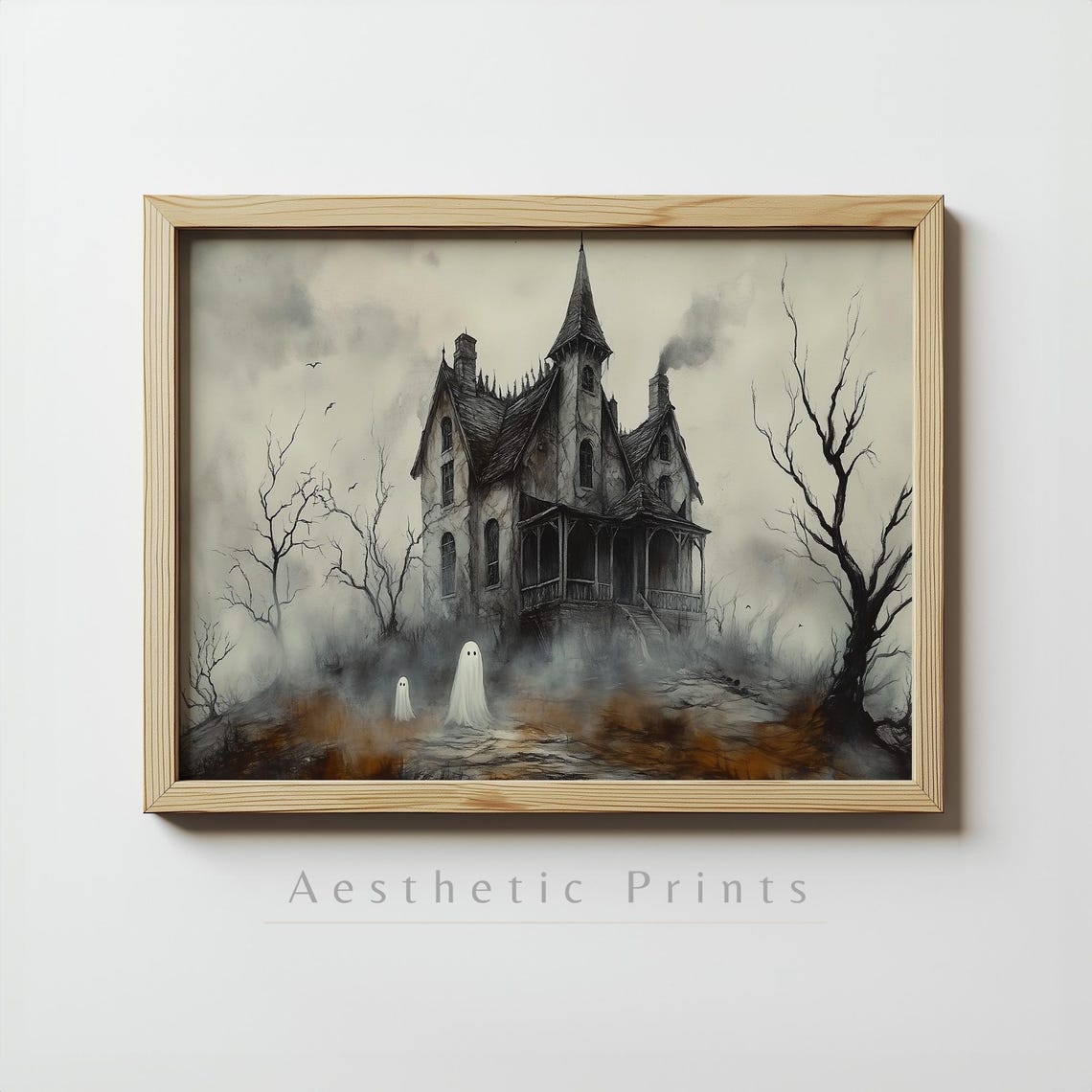 Haunted House With Two Ghosts In Foggy Forest Vintage Halloween Poster