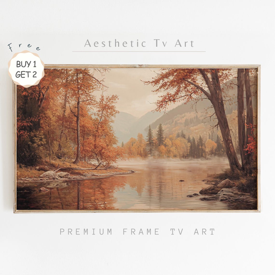 Misty Autumn River Valley Golden Trees Mountain TV Art Poster
