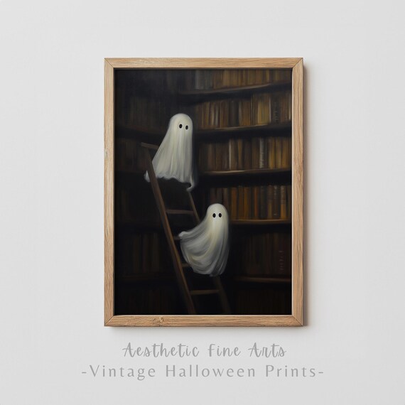 Vintage Halloween Library Ghosts Ghost Wall Art Moody Cottagecore Spooky Decor Gothic Halloween Oil Painting