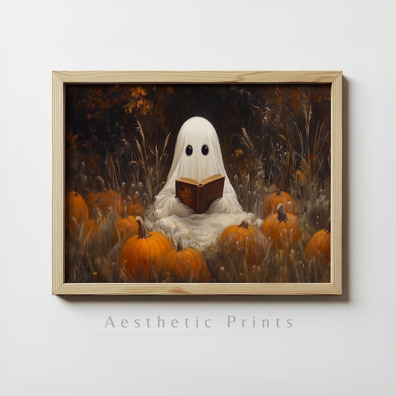 Cute Ghost Reading Book Among Pumpkins At Night Halloween Art Poster