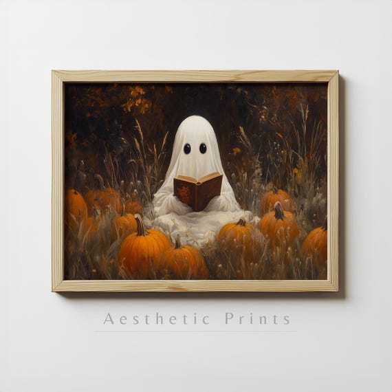 Cute Ghost Reading Halloween Wall Art Cute Spooky Ghost In A Pumpkin Field Landscape Painting Cozy Halloween Autumn Art Instant