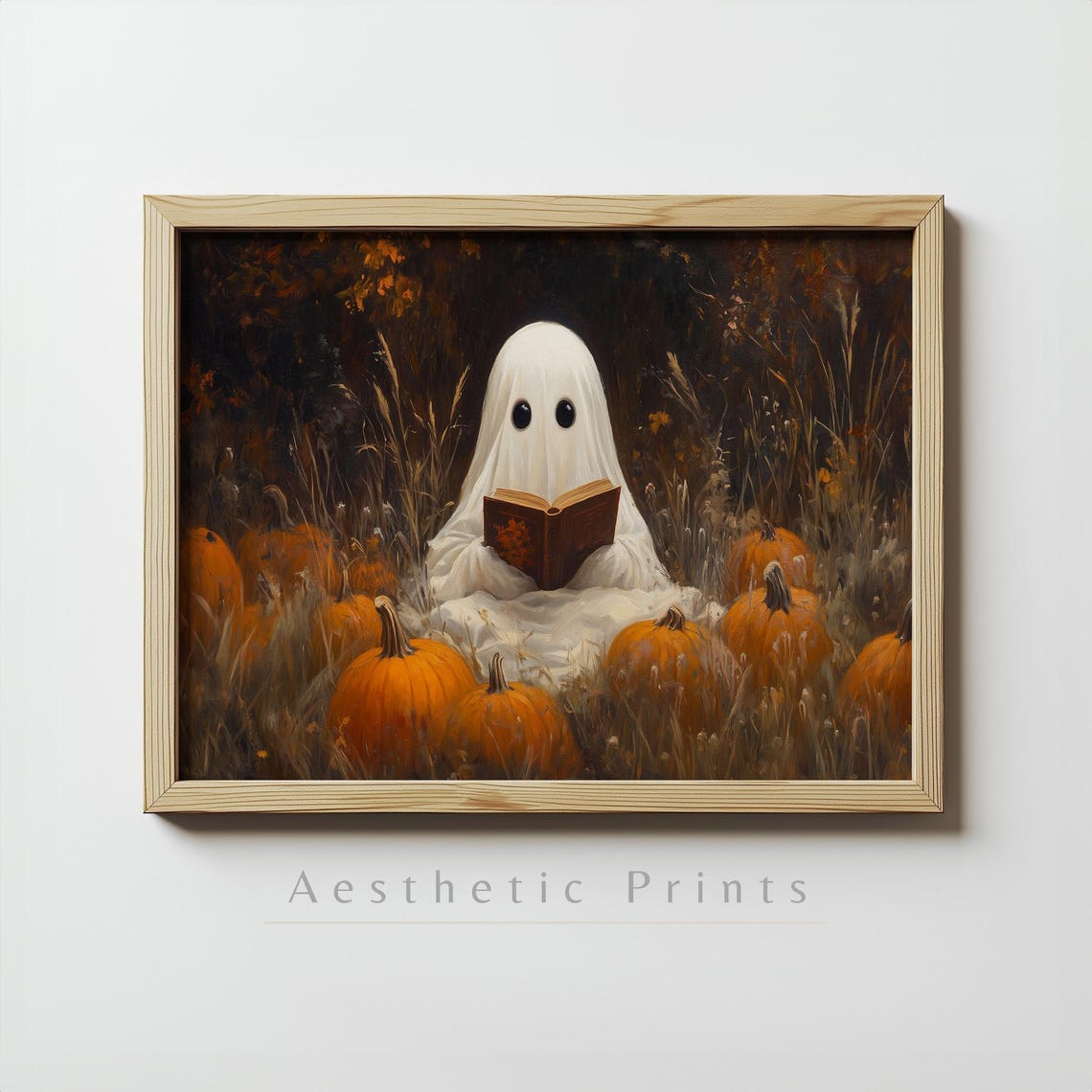 Cute Ghost Reading Book Among Pumpkins At Night Halloween Art Poster