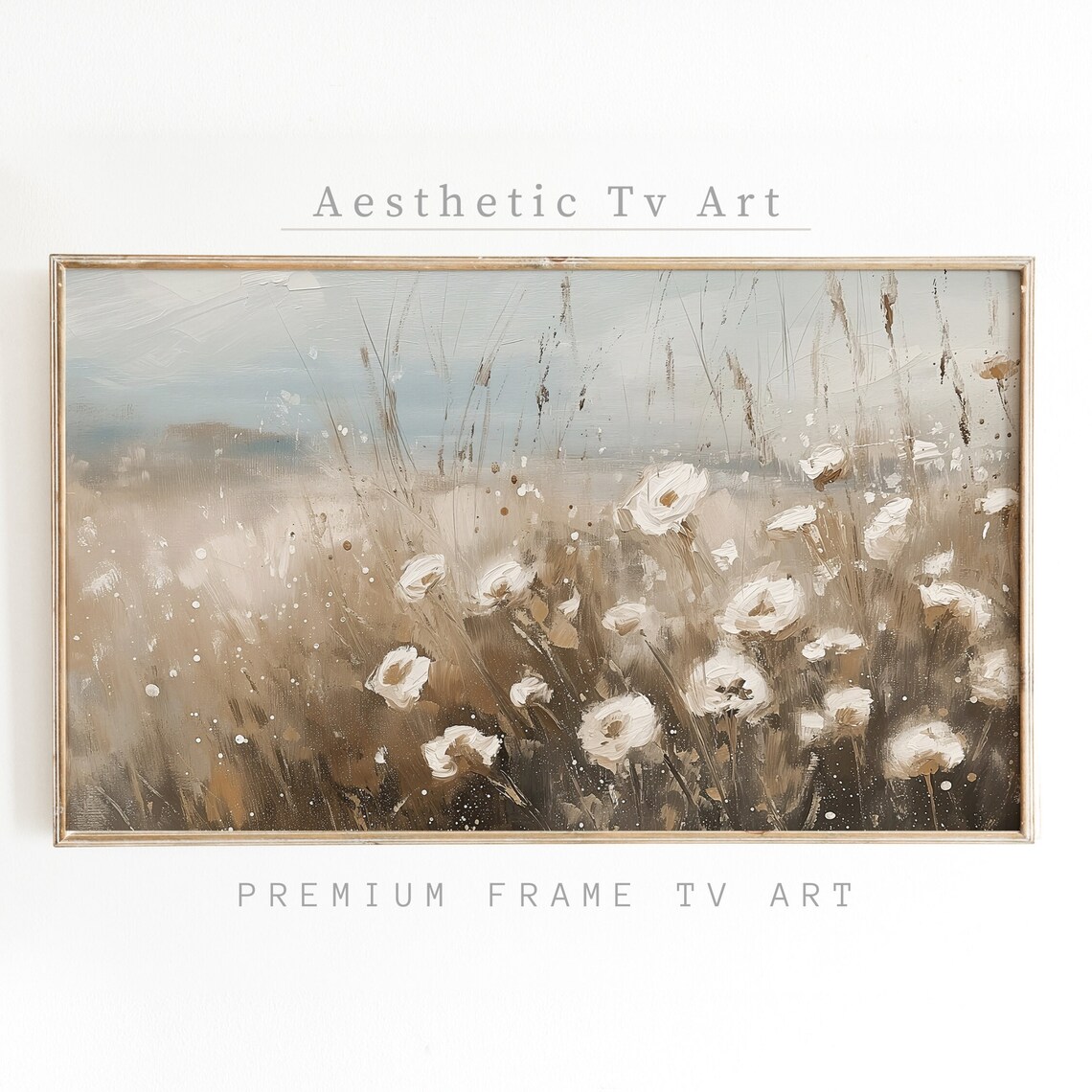 Neutral Beige Wildflower Meadow Soft Abstract Oil Painting Wall Art