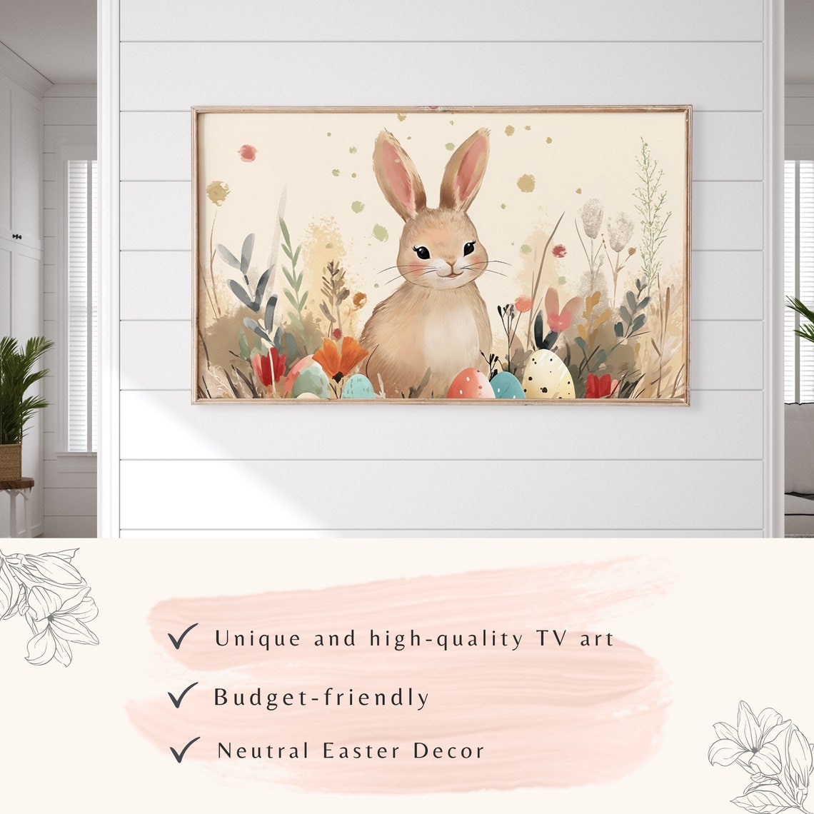 Easter Frame Tv Art Cute Easter Rabbit Watercolor Painting Spring Wildflowers Frame Tv Modern Farmhouse Decor - Image 3