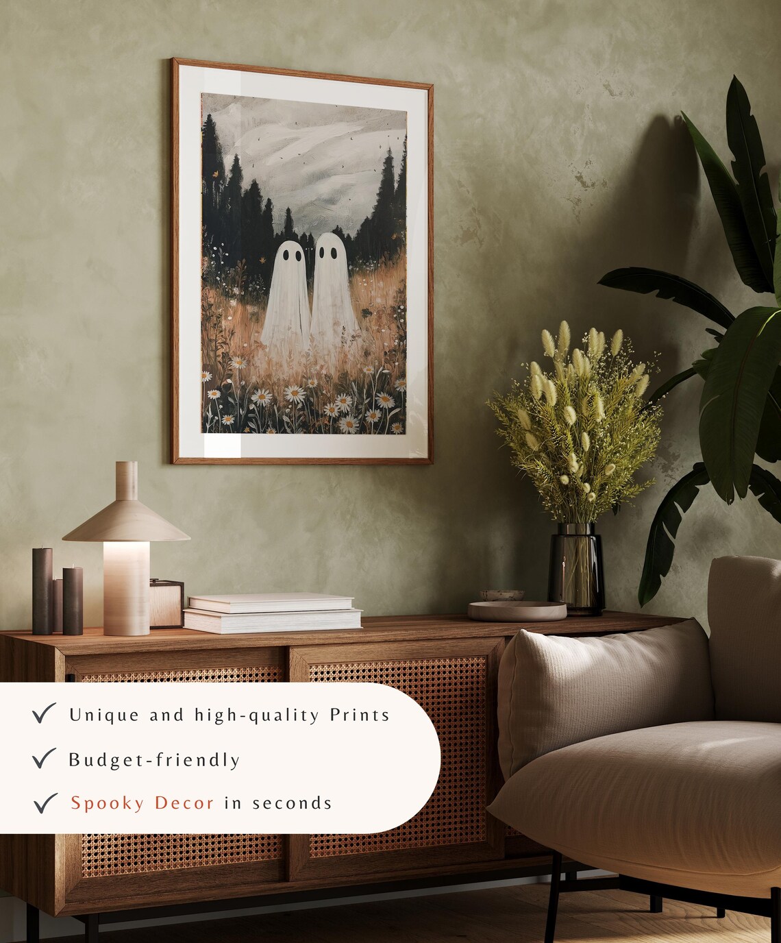 Two Cute Ghosts in Daisy Meadow Dark Pines Vintage Halloween Wall Art Print - Image 4