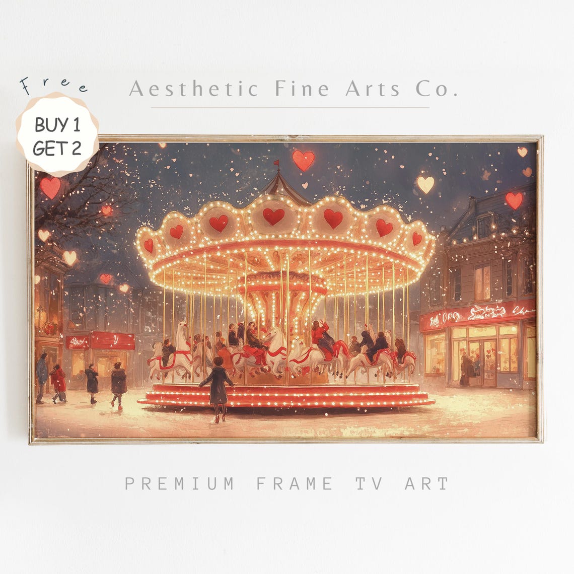 Glowing Carousel With Hearts In Snowy Night Square Valentines Poster