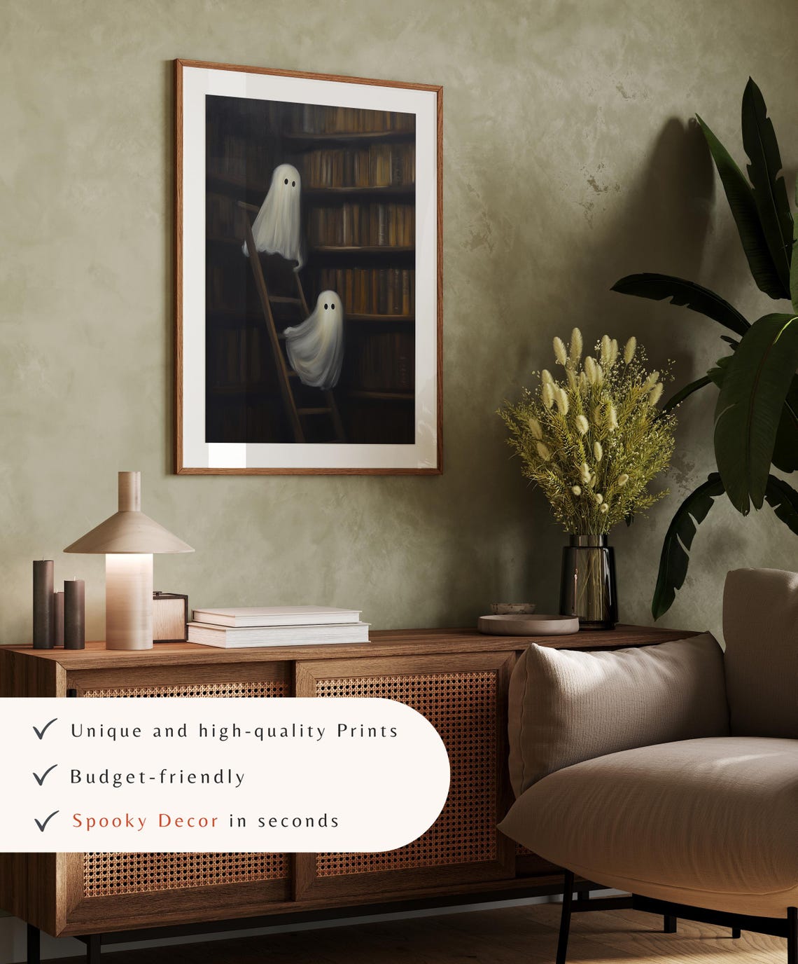 Two Cute Ghosts On Library Ladder In Dark Moody Academia Poster - Image 4