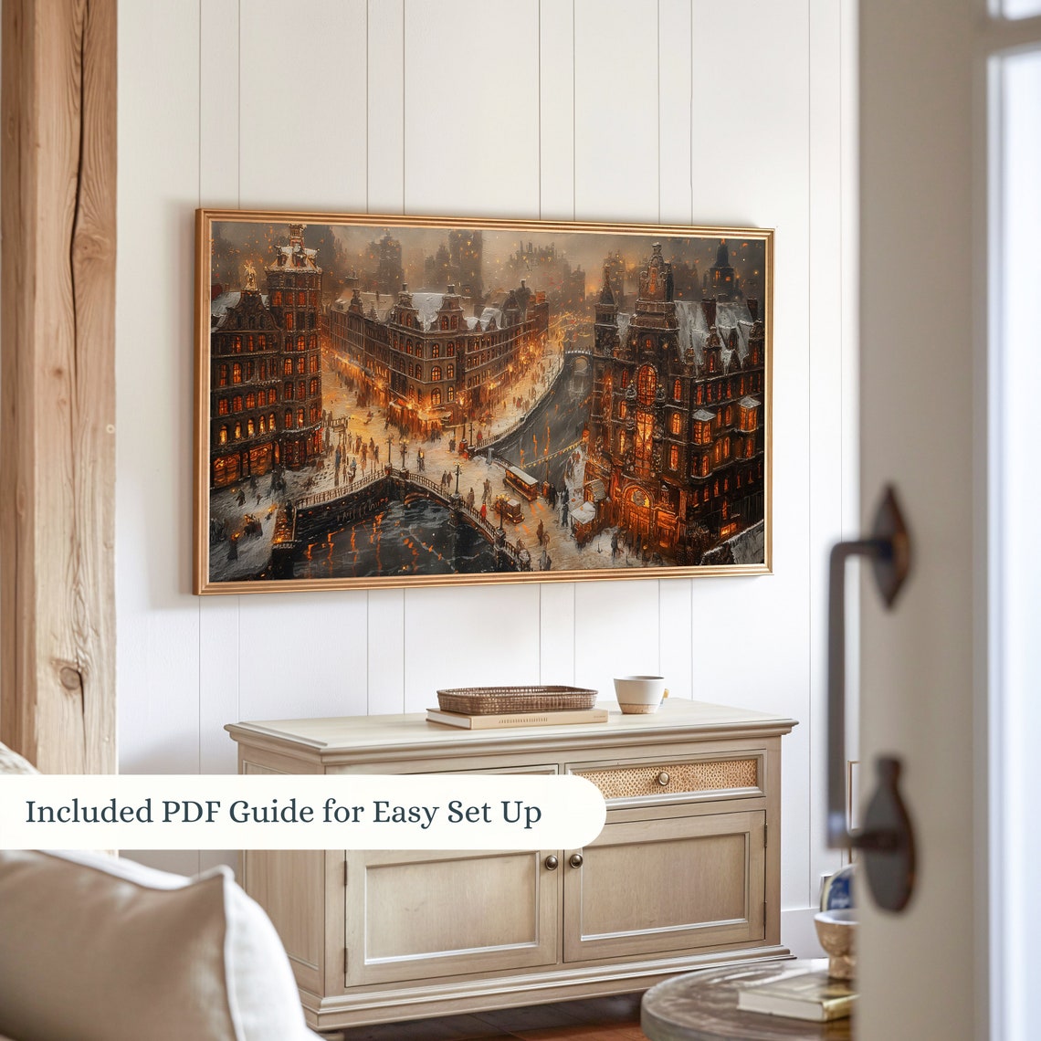 Snowy Old European City Night Canal Bridges Glowing Windows Poster - Image 2