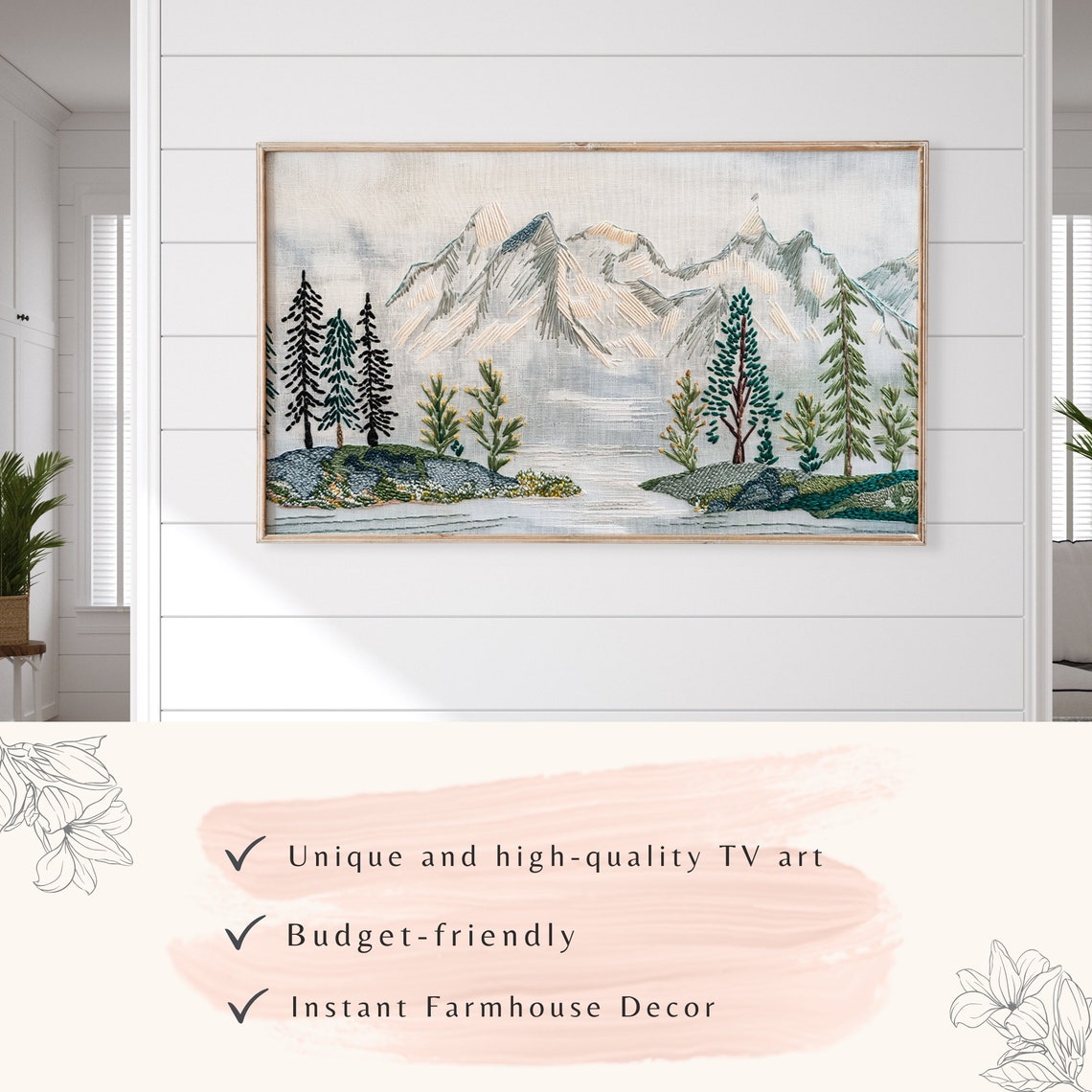 Rustic Embroidered Mountain Lake Pine Trees Stitched Art Poster - Image 3
