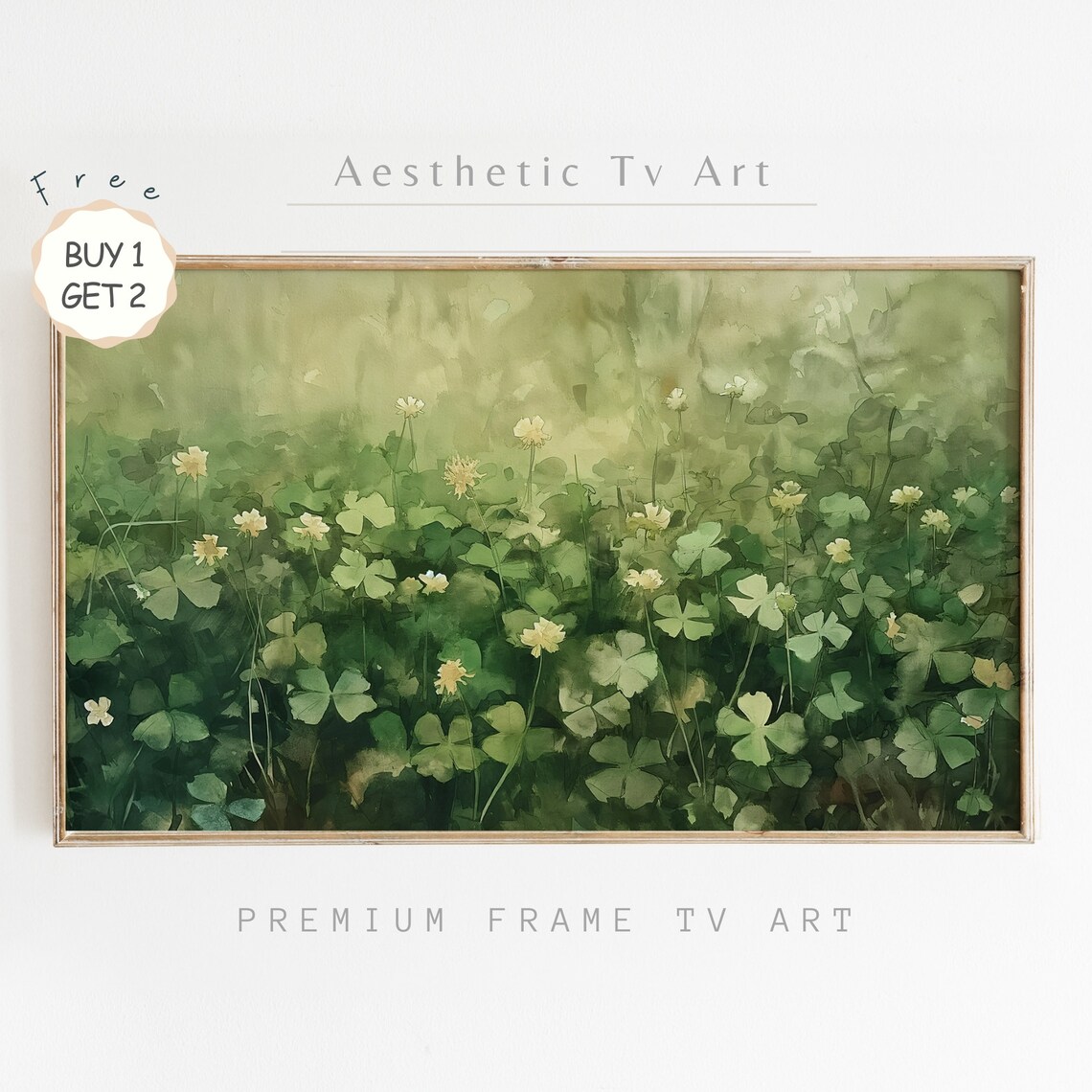 Clover Field Watercolor Green Meadow Tiny Yellow Flowers Wall Art