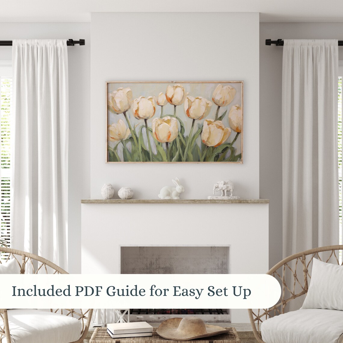 Cream Tulips Neutral Impasto Textured Spring Flower Painting Poster - Image 3