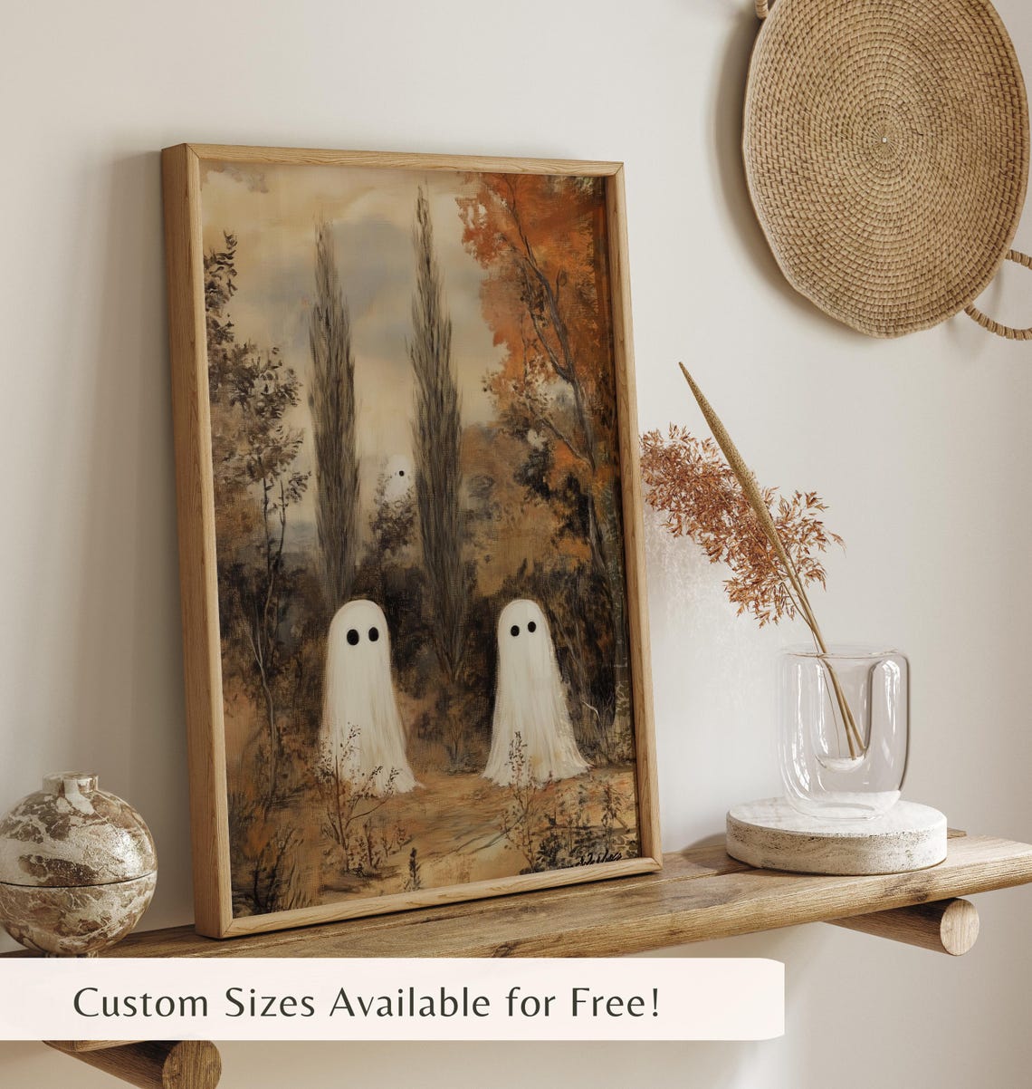 Cute Ghosts In Autumn Landscape Field Painting Halloween Print Rustic Fall Wall Art Farmhouse Halloween Decor - Image 4