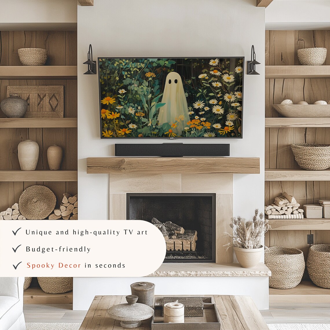 Cute Ghost Among Daisies Wildflower Field Halloween TV Art Poster - Image 2