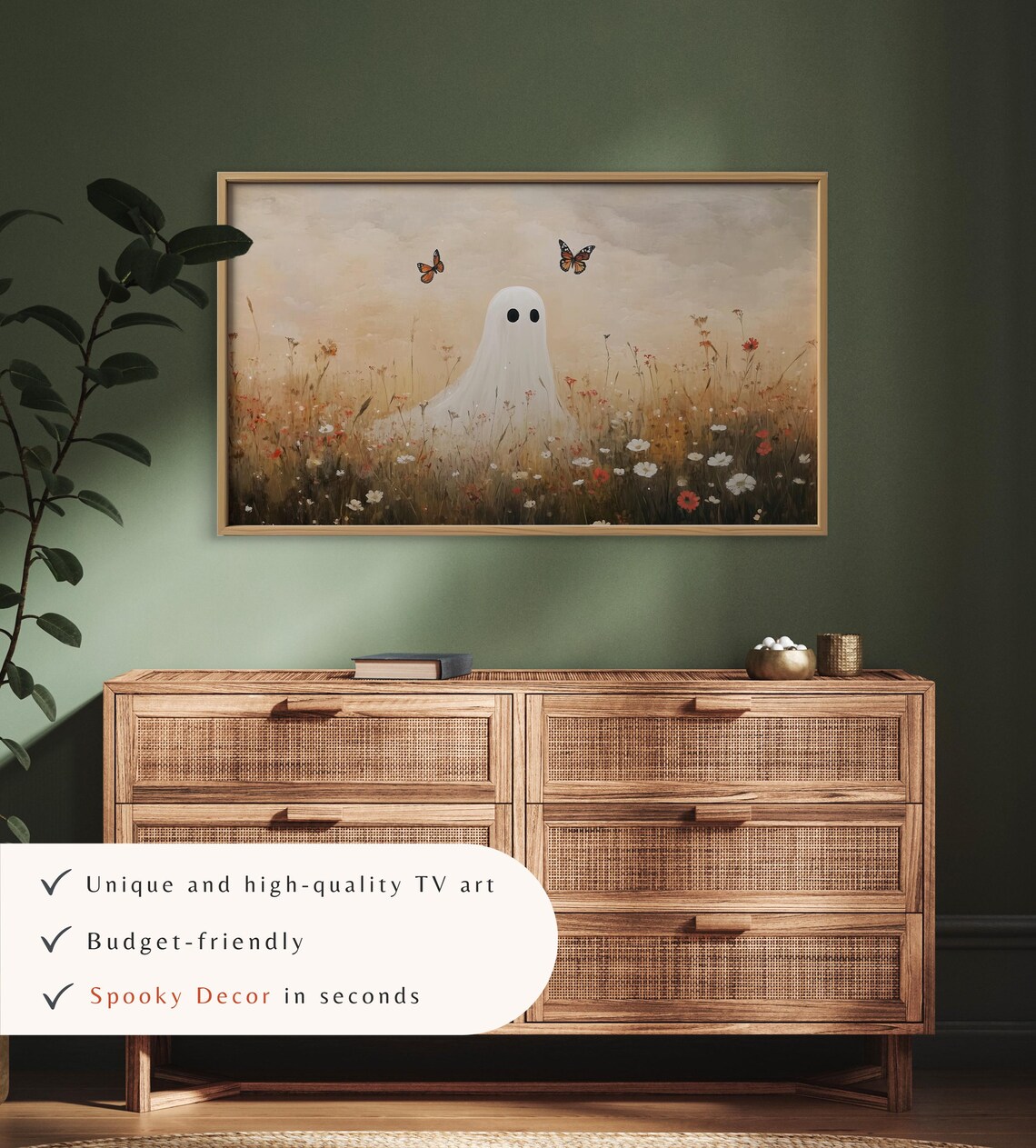 Cute Ghost with Butterflies Wildflower Field Halloween TV Art Poster - Image 3