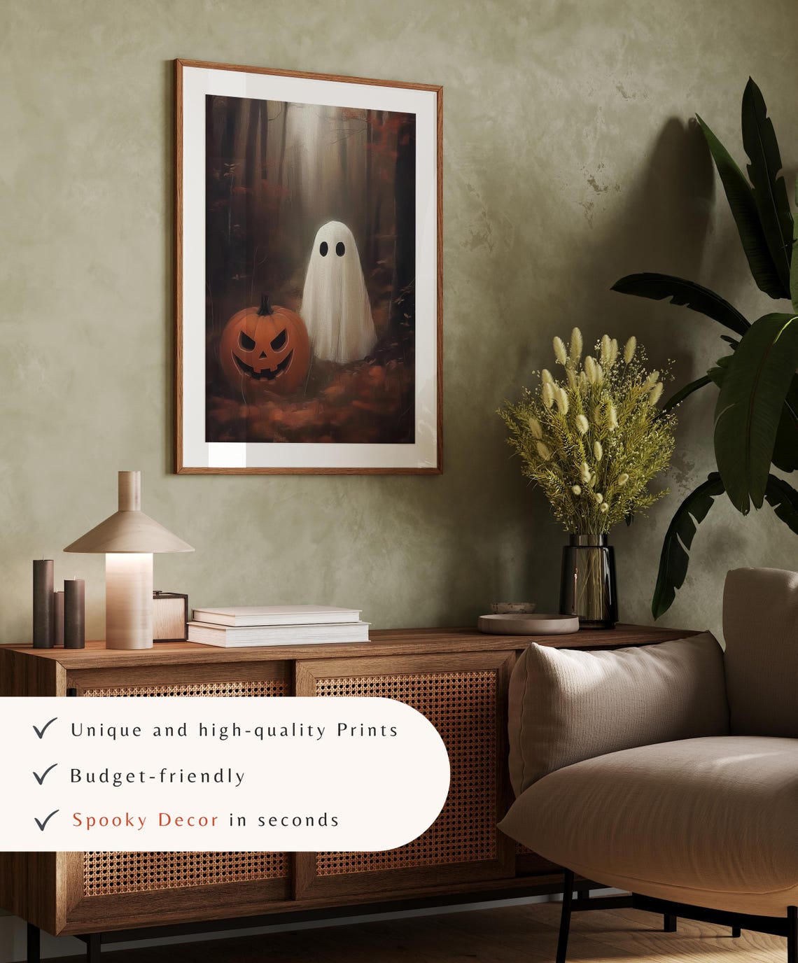 Vintage Cute Ghost Halloween Wall Art Spooky Halloween Decor Cute Ghost With Pumpkin Painting Halloween Art - Image 4