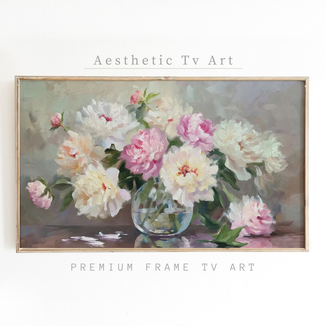 Pink White Peonies Glass Vase Vintage Floral Oil Painting Art
