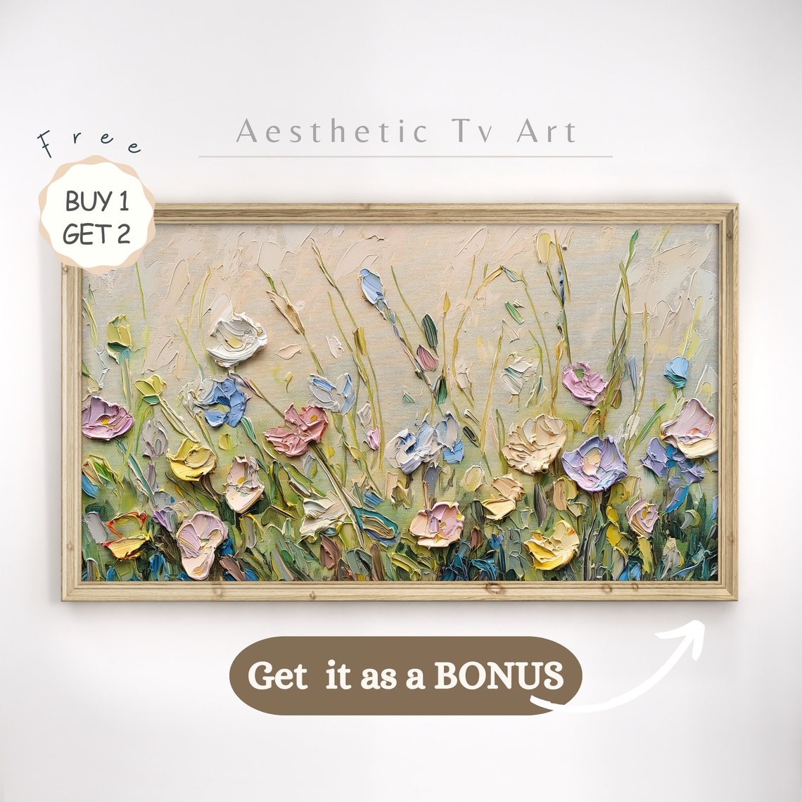 Textured Impasto Spring Wildflowers Pastel Petals 3D Oil Wall Art - Image 2