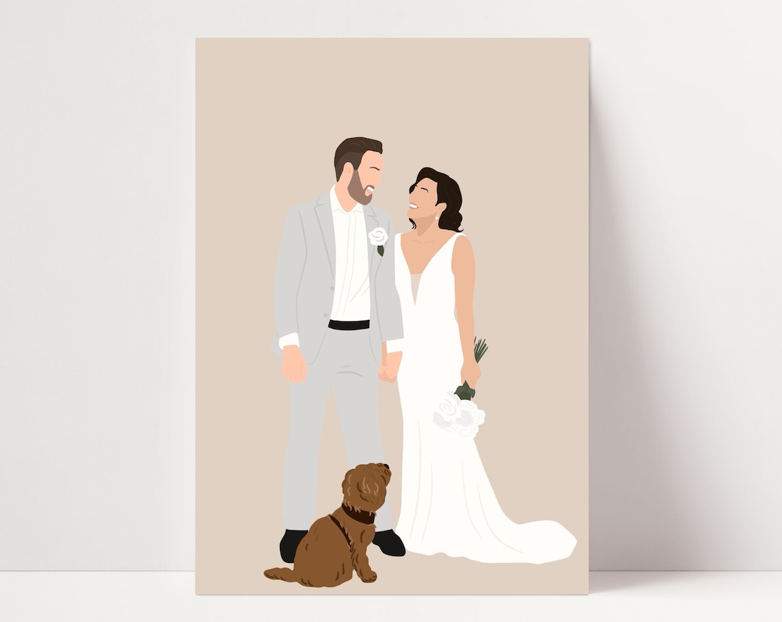 Minimalist Wedding Couple With Dog Custom Faceless Portrait Poster