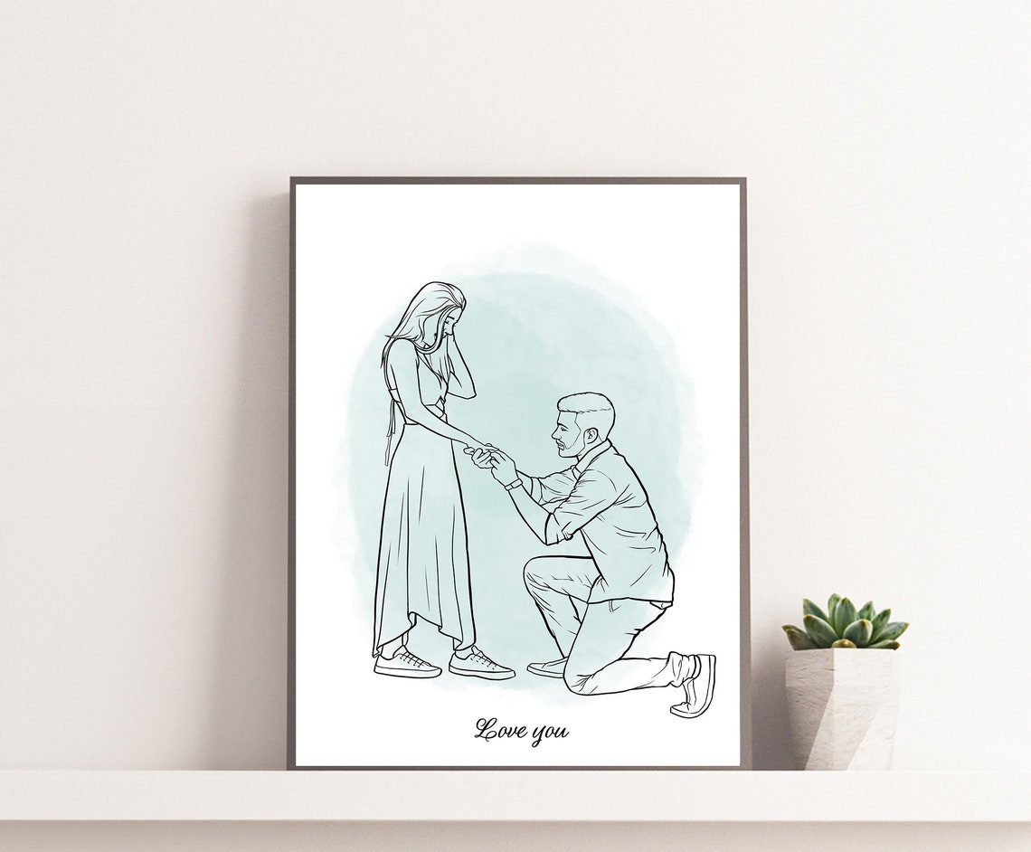 Custom Line Art Couple Portrait with Forever Love Script Text Poster - Image 2