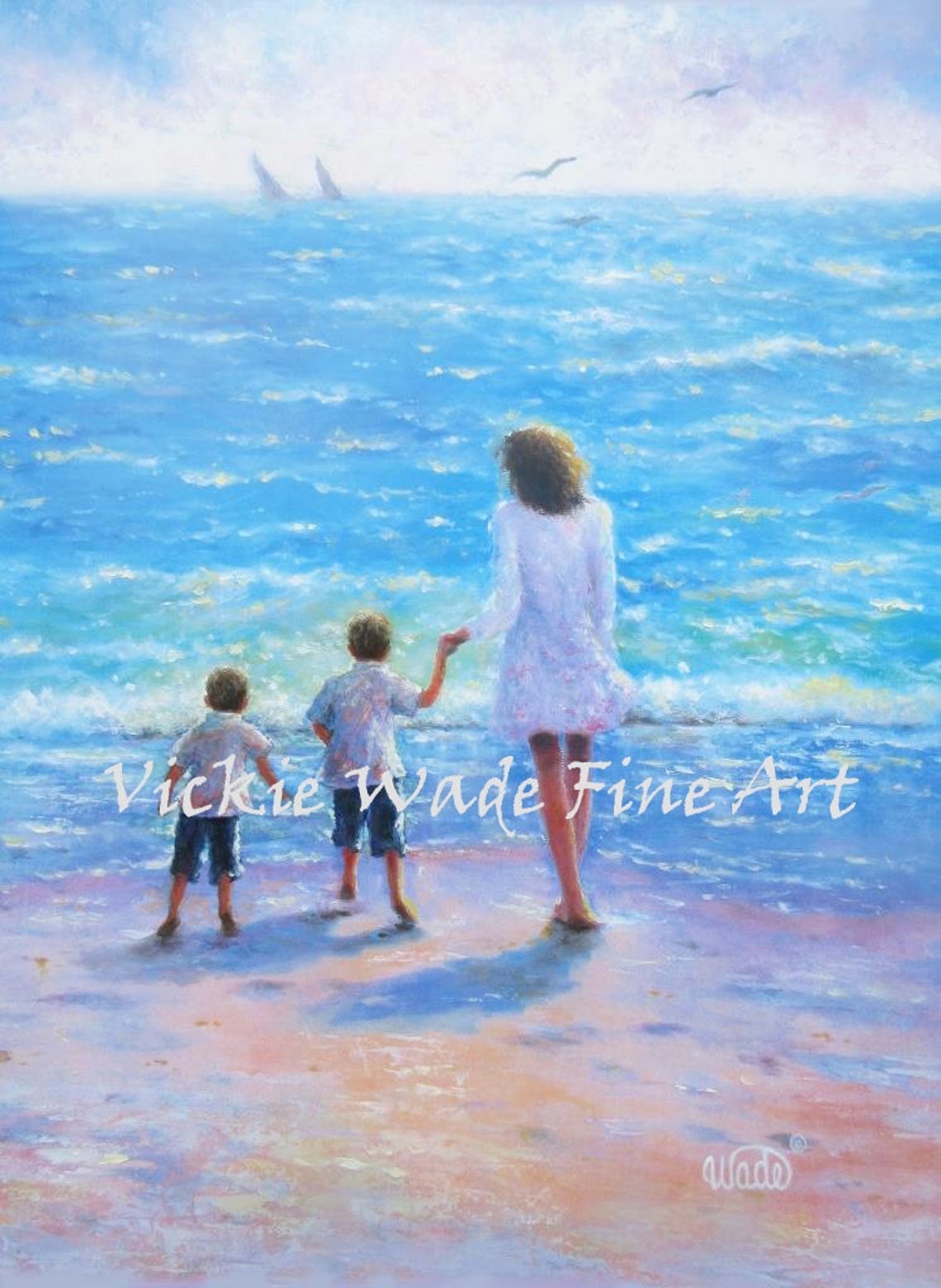 Mother With Two Sons Walking Along a Sunny Ocean Beach Poster