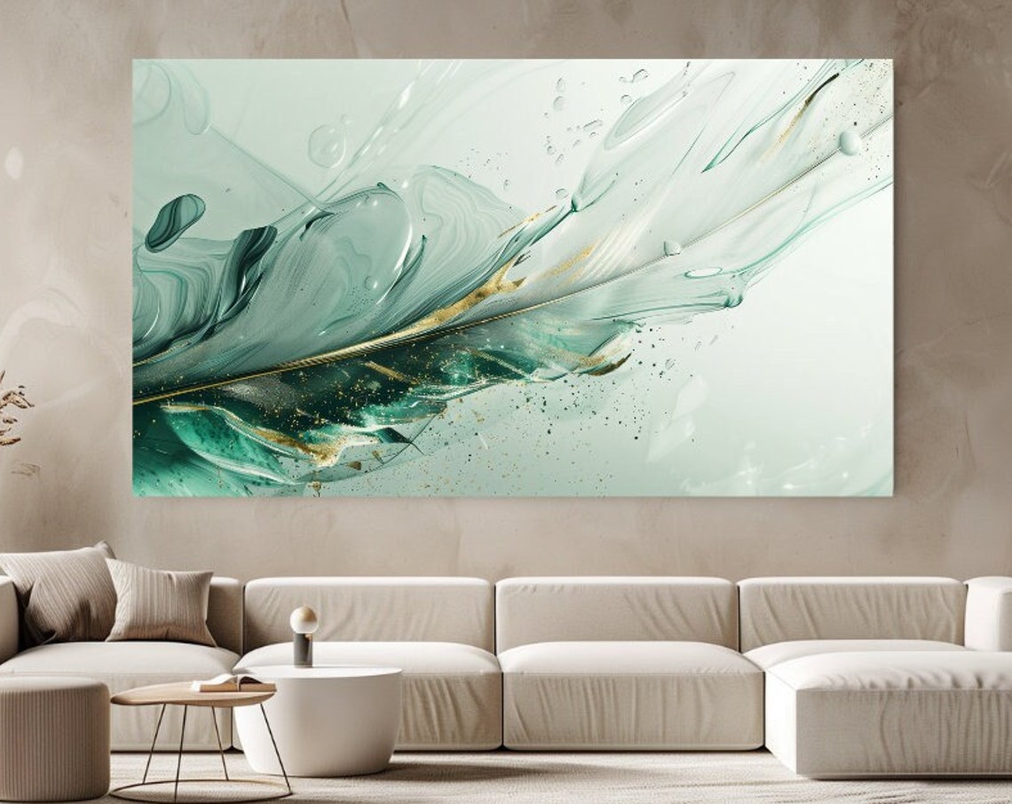 Emerald Green Abstract Feather Gold Ink Fluid Marble Art Poster