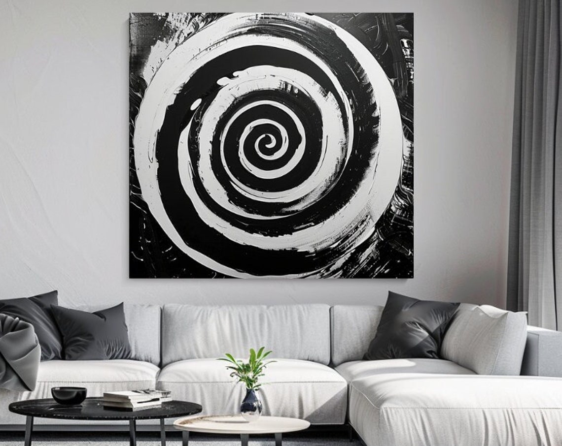 Black White Spiral Vortex Abstract Bold Graphic Wall Art Decor