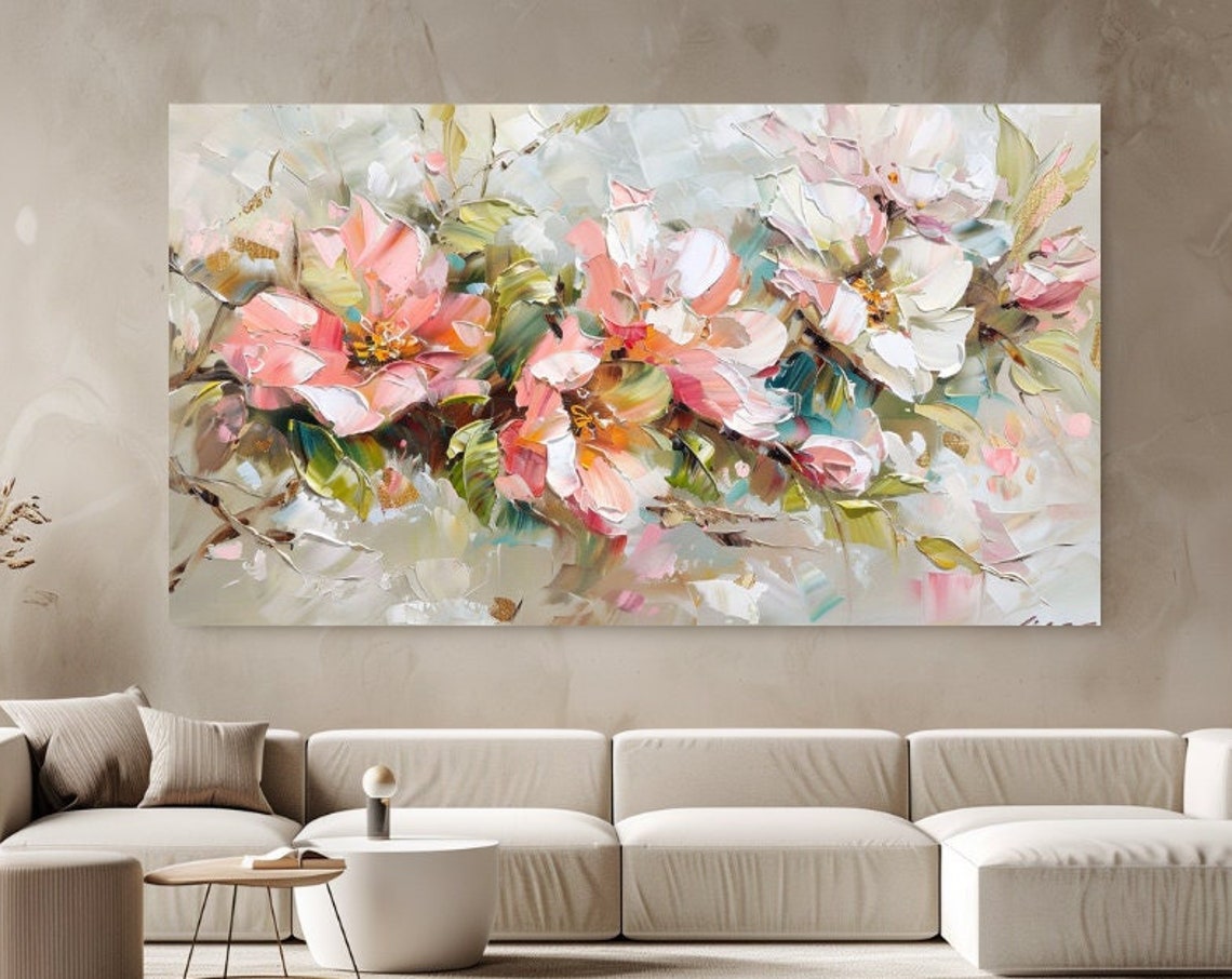 Pink Blossom Branch Impasto Oil Painting Textured Floral Wall Art