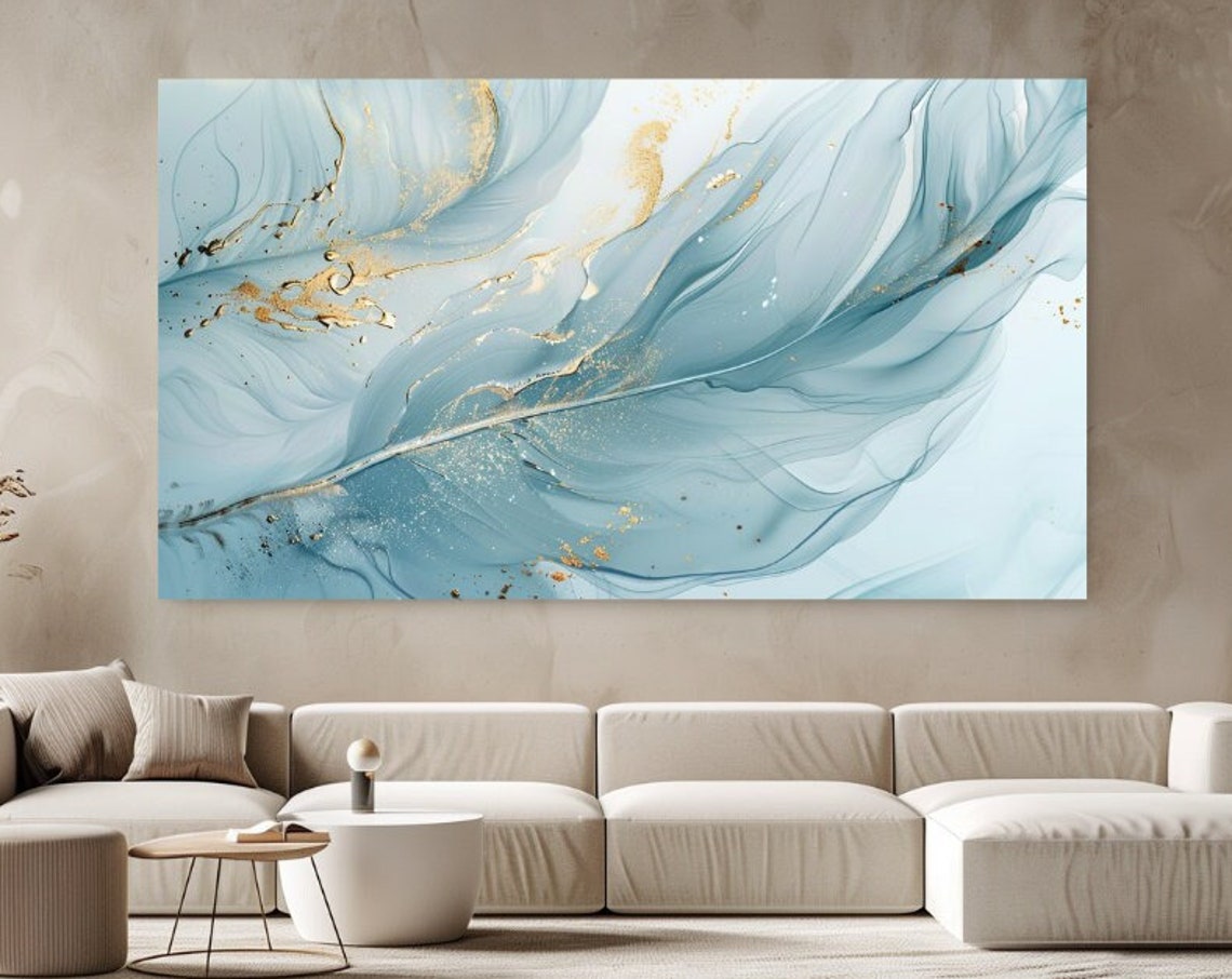 Blue Feather Abstract Gold Accents Flowing Watercolor Luxury Poster