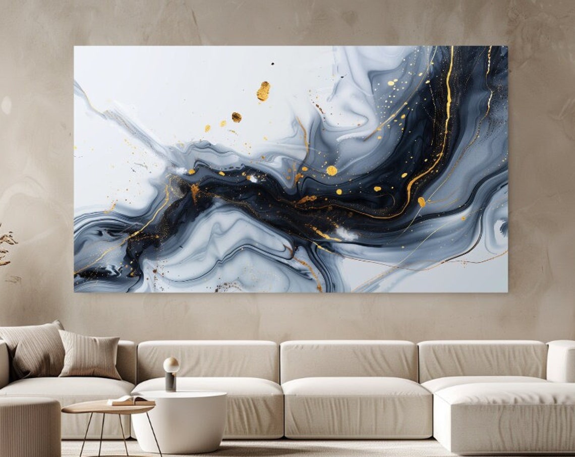 Dark Blue Marble Abstract Gold Veins White Luxury Modern Poster