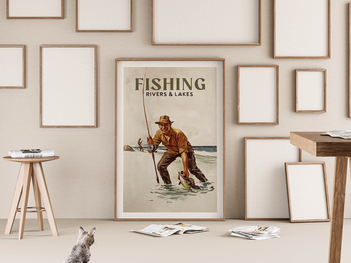 Vintage Fishing Poster, Rivers Lakes Outdoorsy Art