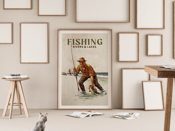 Vintage Fishing Poster, Rivers Lakes Outdoorsy Art