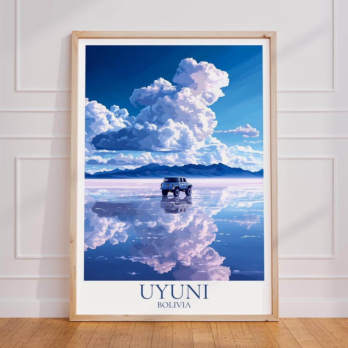 Uyuni Bolivia Salt Flats 4x4 Jeep Mirror Reflection Cloud Poster