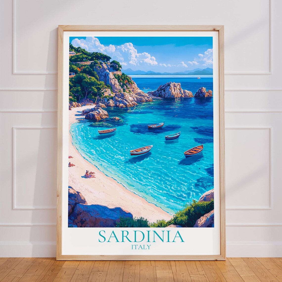 Sardinia Italy Turquoise Bay Wooden Boats Rocky Beach Poster