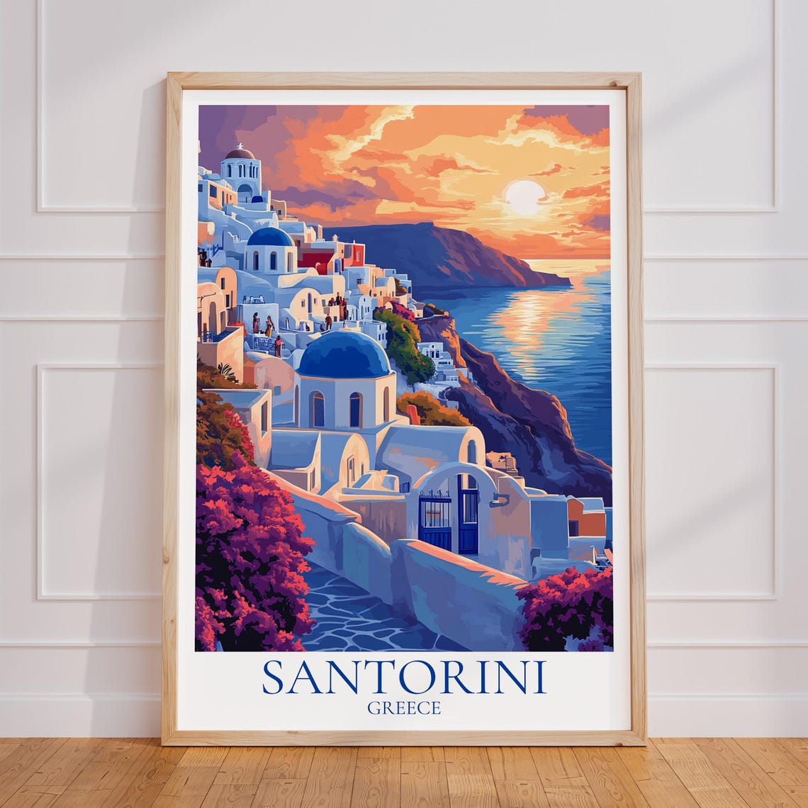 Santorini Greece Sunset Blue Domes Aegean Island Travel Poster
