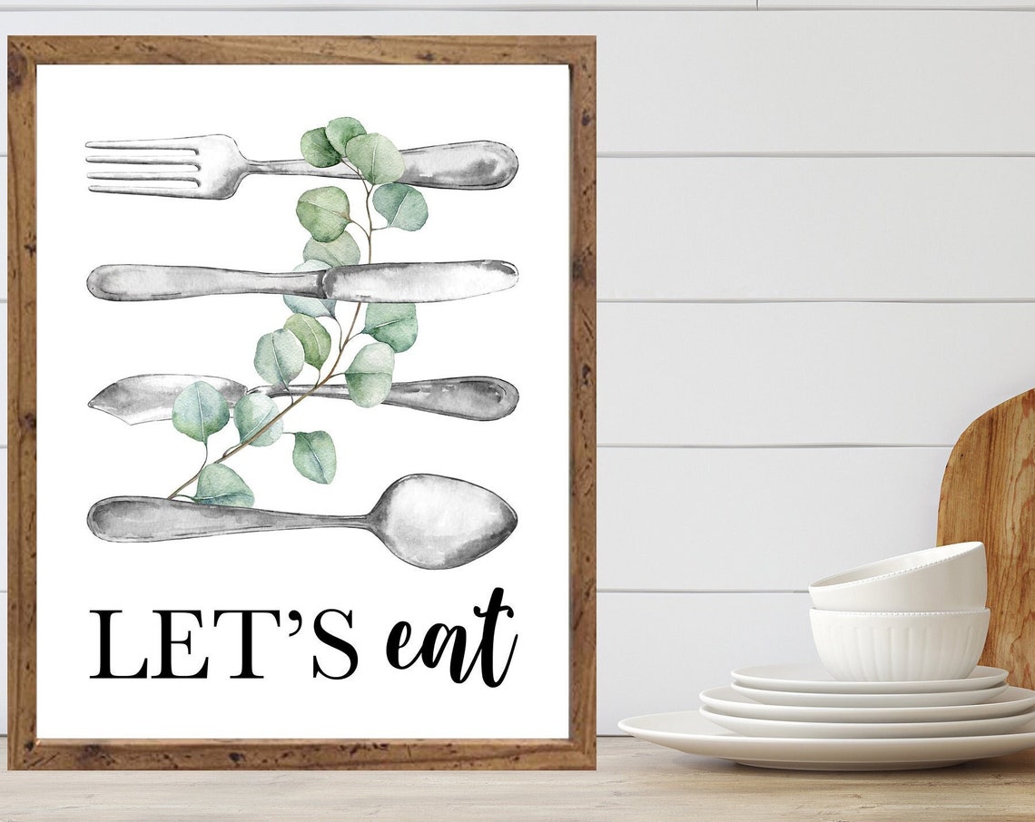Let's Eat Silver Utensils Eucalyptus Watercolor Kitchen Art Poster