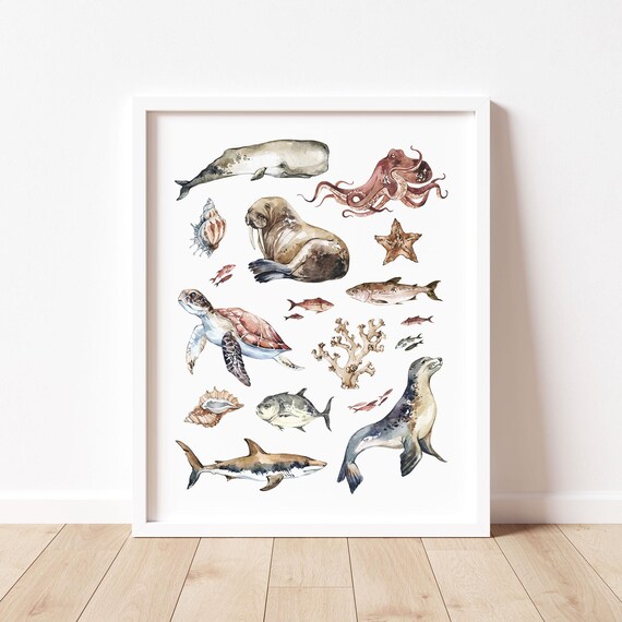 Watercolor Ocean Life Wall Art Kids Nautical Sea Life Illustration Surf Nursery Decor Sea Turtle Whale Shark Poster