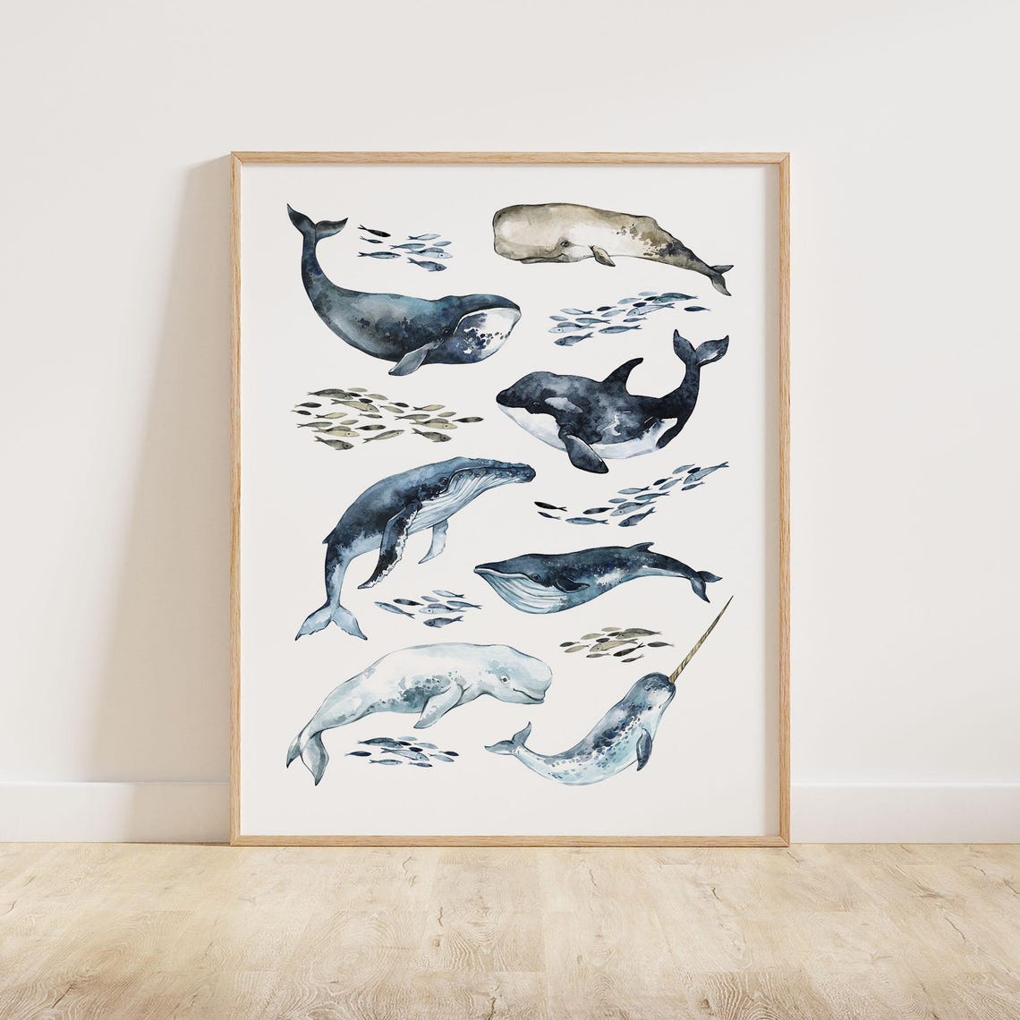 Watercolor Whales Species Chart Ocean Nursery Kids Educational Poster - Image 2