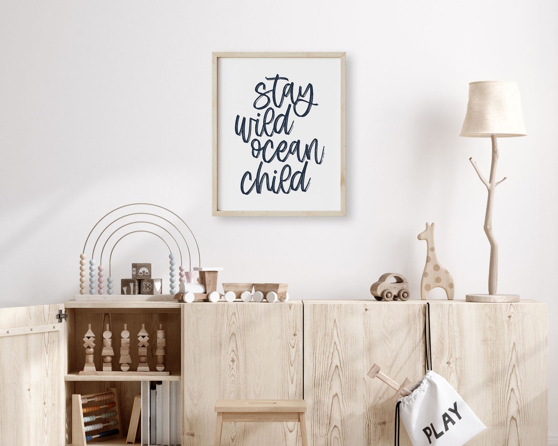 Navy Stay Wild Ocean Child Brush Script Coastal Nursery Quote Wall Art - Image 3
